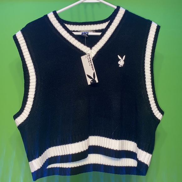 NEW PLAYBOY Bunny Knit Black cropped Sweather VEST soft logo multi sizes NWT - Picture 5 of 14